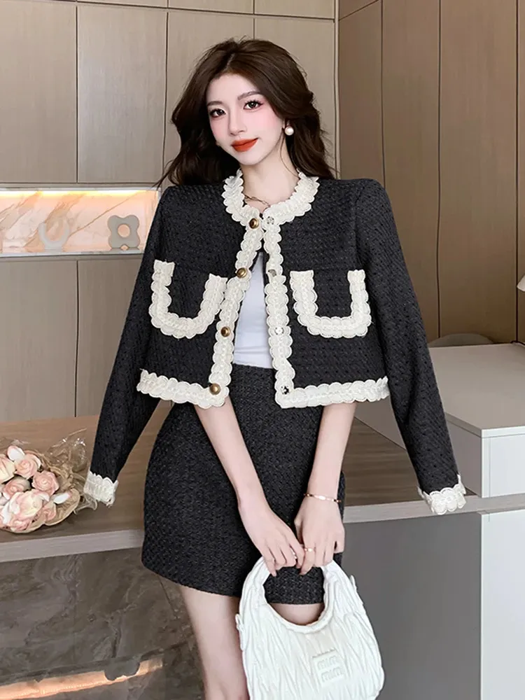 Small Fragrance Suits For Women Two Piece Set Autumn Winter Korean Fashion Sweet Short Tweed Jacket Coat Mini Skirt Outfits 240425