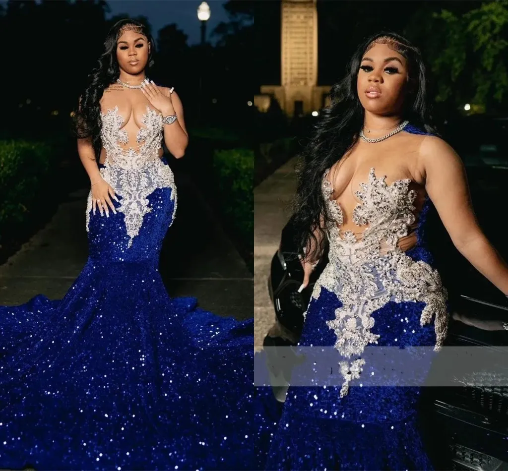 Sparkly Royal Blue Sequined Evening Dresses For African Women Sexy Sheer O-Neck Lace Beaded Formal Party Gowns Plus Size Long Mermaid Second Reception Dress CL3538