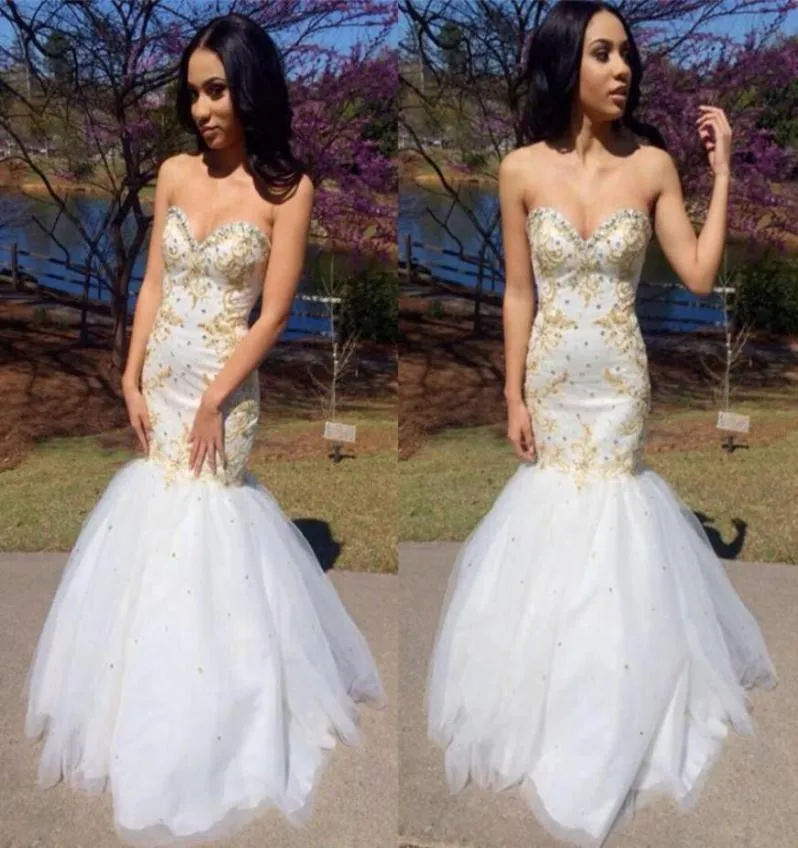 Mermaid Gold Beaded Prom Dresses with Bling Crystal back Lace Up Tulle Sweetheart Long Party Evening Gowns Lovely Homecoming Dress6942032