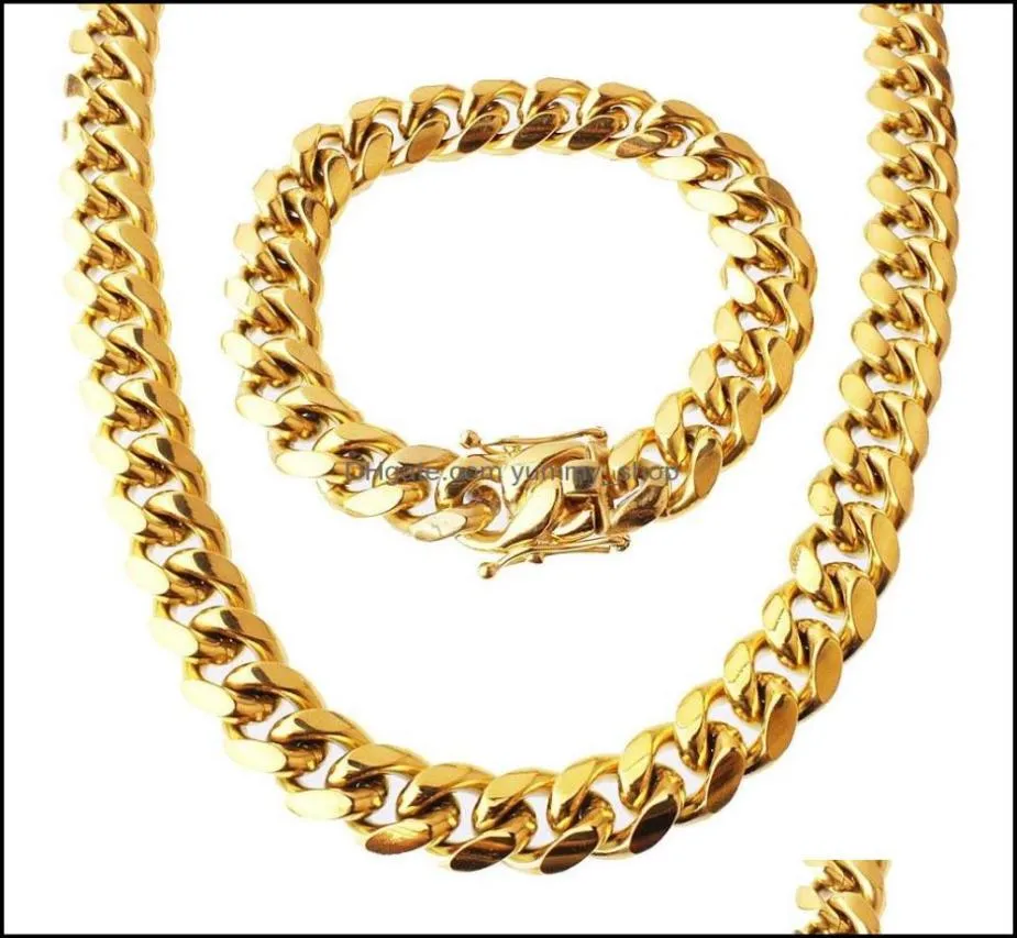 Autres ensembles Bijoux de bijoux en acier sans bijoux en acier 24k plaqué Gold de haute qualité Collier Collier Bracelet Mens Curb Chain 14cm DR9490766