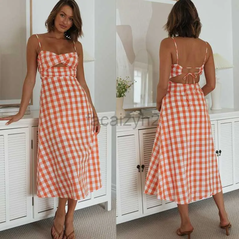 Basic Casual Dresses Designer Dress Spring/Summer Women's Checkered suspender backless dress