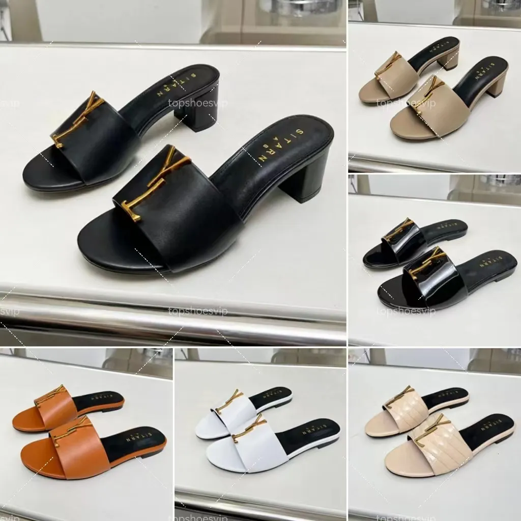 Y+5+L Slippers Designer Sandaler Kvinnor Slides 2024 Summer New Fashion Luxury Flat Slides äkta läder Mid Heel Slides High Quality Designer Shoes EU35-43