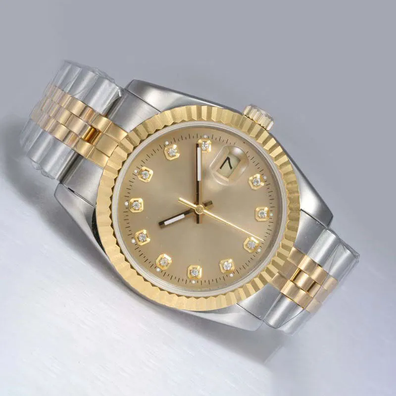 Man Watch Top Quality Gold Watch Automatic Two Tone Diamond Marking with Golden Dial Luxury Brand montre Gol