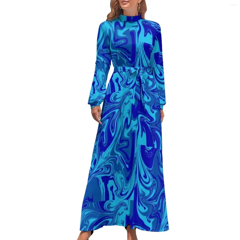 Casual Dresses Blue Neon Paint Dress High Neck Abstract Liquid Custom Böhmen Långärmad stilig maxi Söt Vestidos