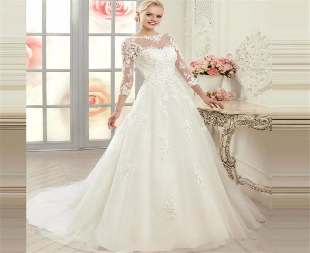 Abiti da sposa con applique in pizzo a tre quartieri Vedi attraverso i bottoni aline Abito da sposa DE DE HOIRE LONGUE3489032