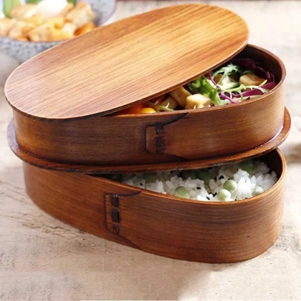 Bento Boxes Natural Wooden Japanese Lunch Box مزدوج الطبقات Bento في الهواء الطلق في الهواء الطلق أدوات المائدة الأدوات الغذائية حاوية الحاوية Q240427