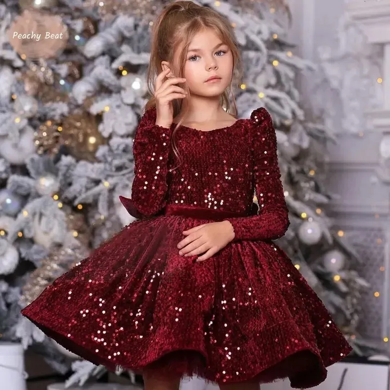 Newborn Christmas Dress Sequin Party Gown: Long Sleeve Holiday