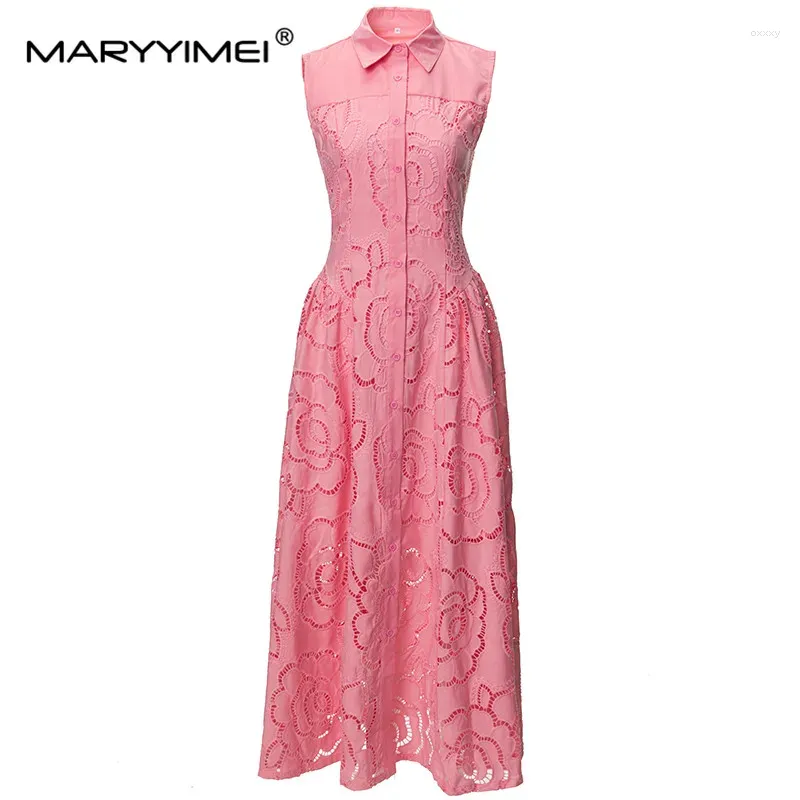 Casual Dresses Maryyimei Fashion Designer Spring Summer Women's Turn-Down Collar Sleeveless Single-Breasted Hollow Out Big Swing Dress