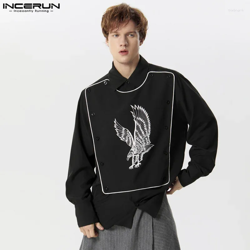 Men's Casual Shirts INCERUN Tops 2024 American Style Personality Printing Patchwork Line Design Fashion Male Long Sleeved Blouse S-5XL