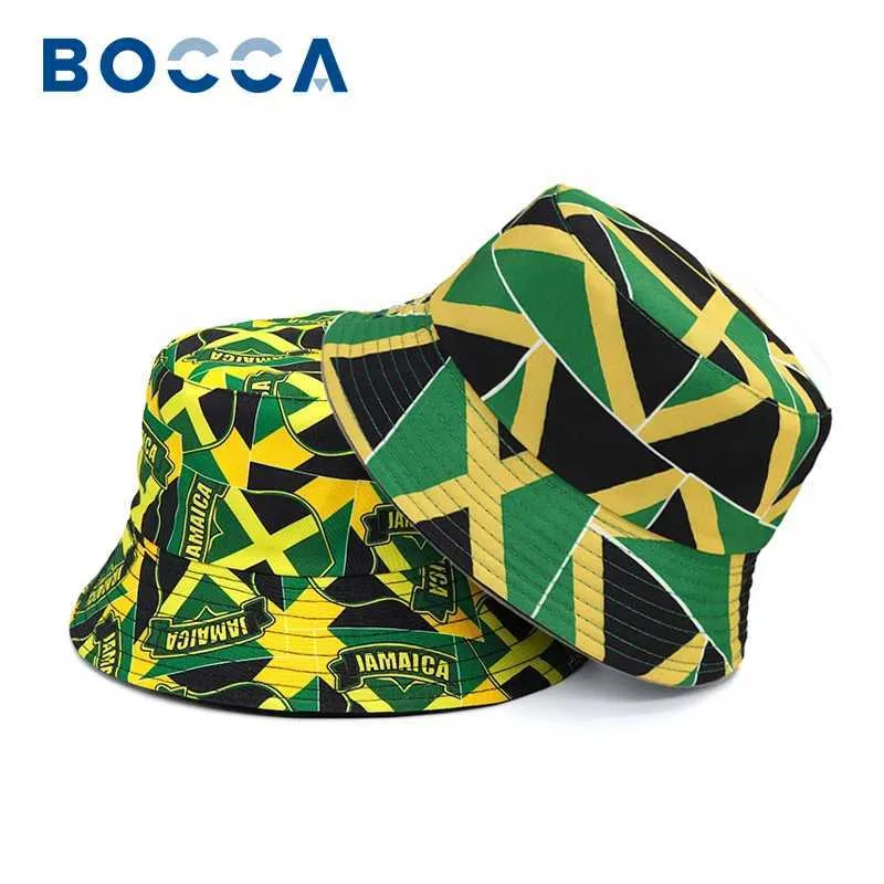 Breda brimhattar Bucket Bocca Jamaica Hat Flag Panama Fisherman Mens and Womens National Tryckt Double Reversible Summer Bob Gorilla Q240427