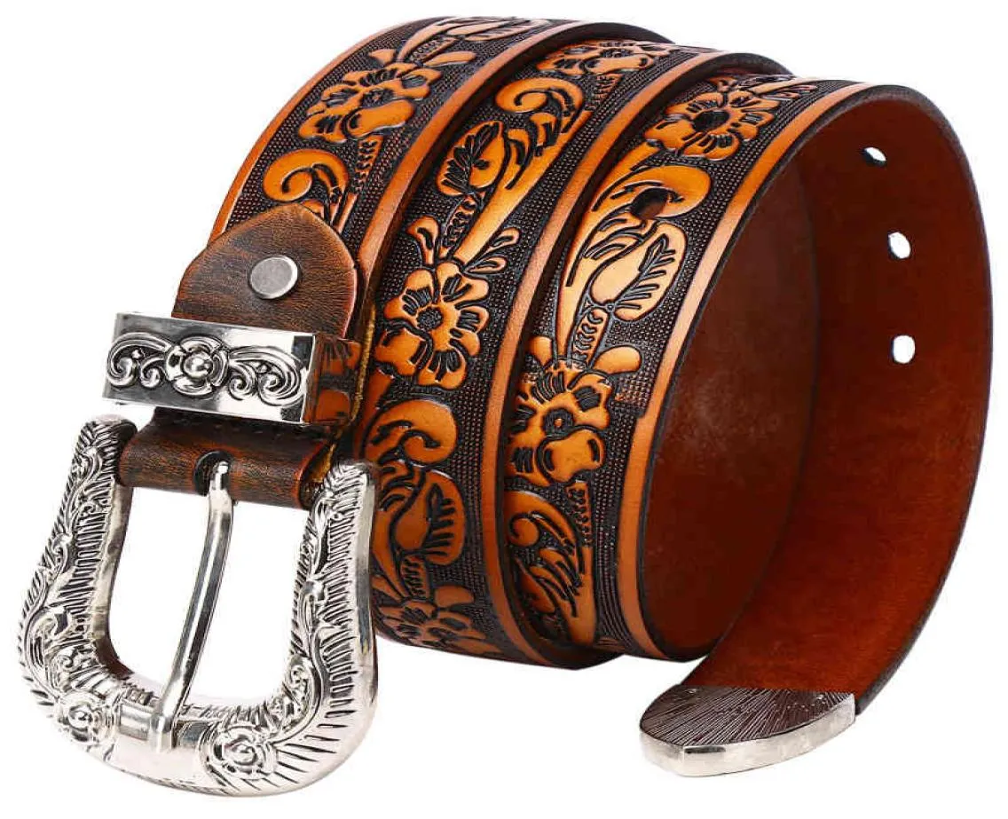 Mode Zwei -Ton -Luxus Cowboy Cowgirl Wtern Tooled Blumengeprägter Getreide Echtes Kuhläsesandte -Ledergürtel für Männer Frauen6969332