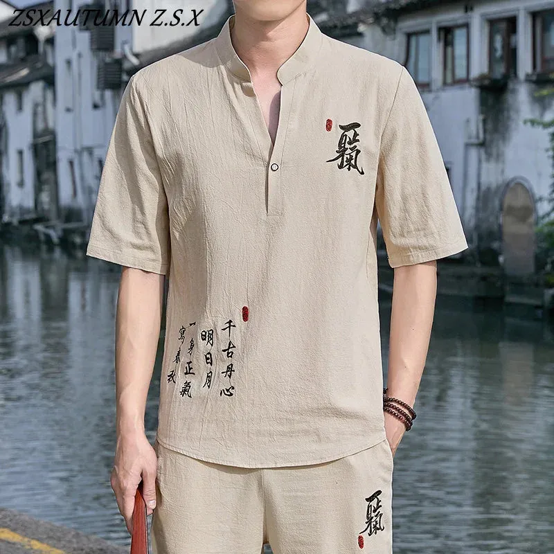 Cina da ricamo in lino vintage Hanfu set in stile cinese maschio tradizionale tang kung fu taichi pantaloni estivi uomini cotone 240415