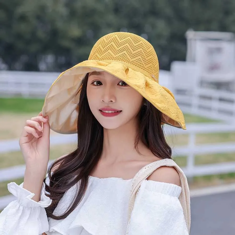 Wide Brim Hats Bucket Sun Protection Summer Fisherman Hat Breathable Bow Elegant Cool Panel Outdoor Big Q240427