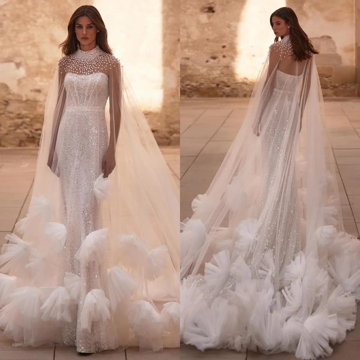 الرسم البياني Milla Nova Mermaid Wedding Dress مع Cape Pearls الترتر عالي الرقبة فساتين الزفاف ثياب الزفاف