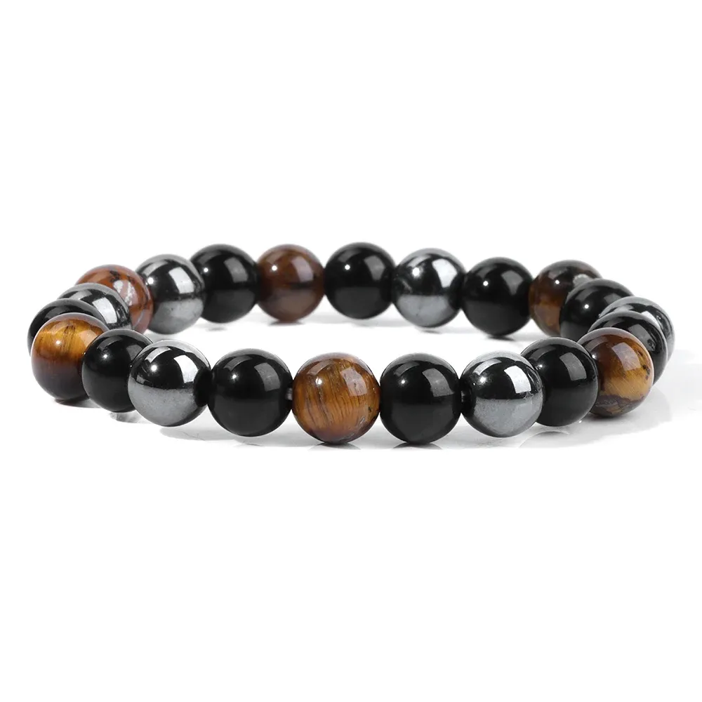 Strängar Natural Tiger Eye Stone Hematite Black Obsidian Pärlade armband för män Kvinnor Triple Protection Armband smycken Pulsera Hombre