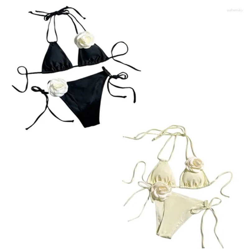 Damenbadebekleidung 2024 Frauen Dreieck Badeanzug Set zwei Stücke Schwimmkostüm 3D Blume Badeanzug mit Neigernkopf Top und Slips