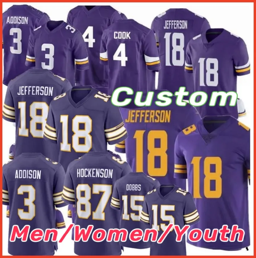 18 Justin Jefferson Jersey Adam Thielen Kirk Cousins Dalvin Cook J.J. McCarthy Harrison Smith Patrick Peterson Addison Aaron Jones Randy Moss Allen Football Jerseys