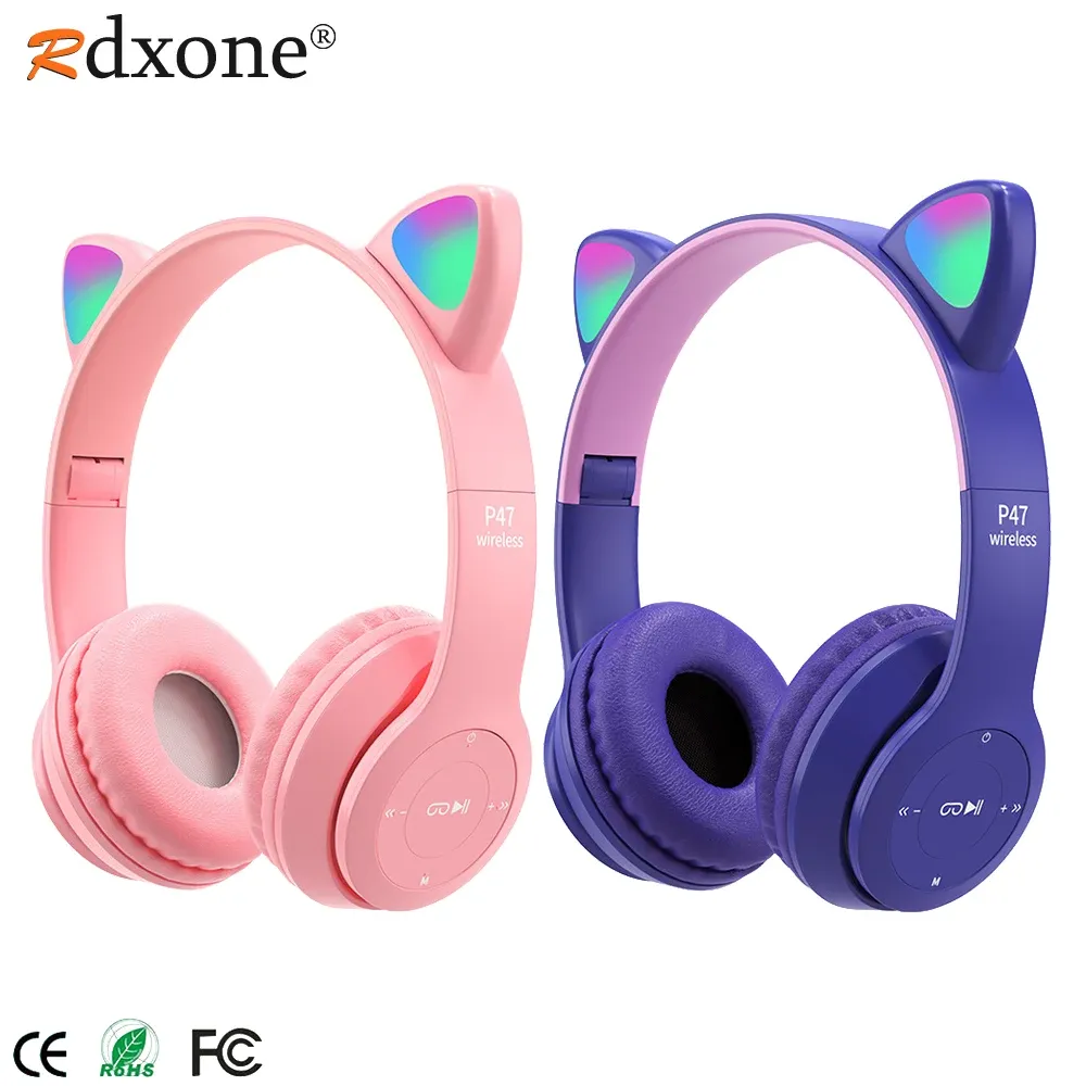 Słuchawki słuchawki bezprzewodowy zestaw słuchawkowy Bluetooth Flash Light Cute Cat Uch Led Kid Girl Stereo Music Helmet Telefon Bluetooth SEADST Prezent