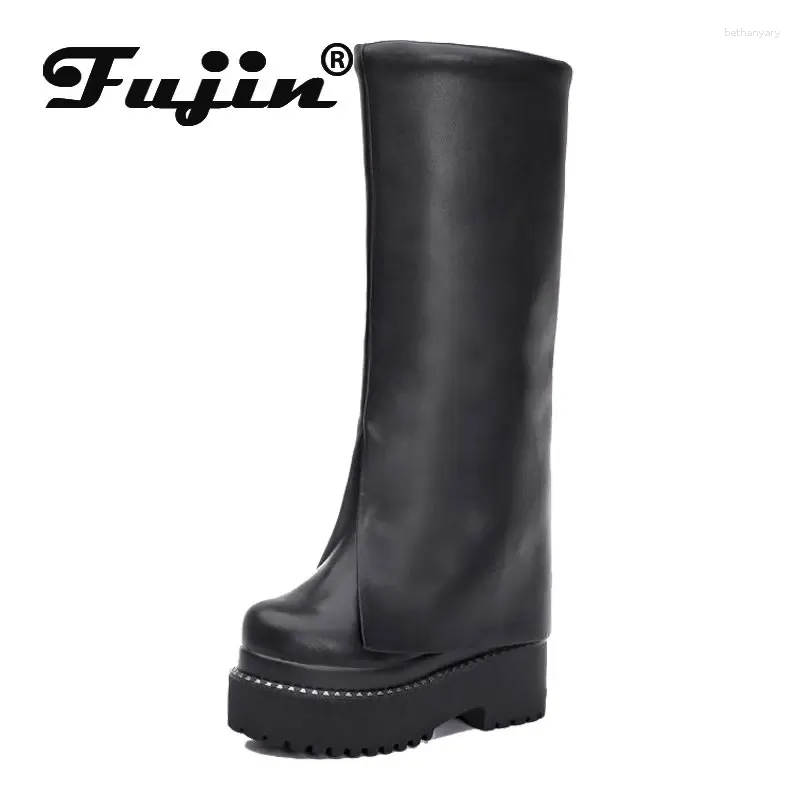 Stiefel Fujin 12,5 cm Schornstein Echtes Leder Frauen Stiefel Knie High Platform Wedge Heel Frühling Herbst weibliche Mode Winterstiefel