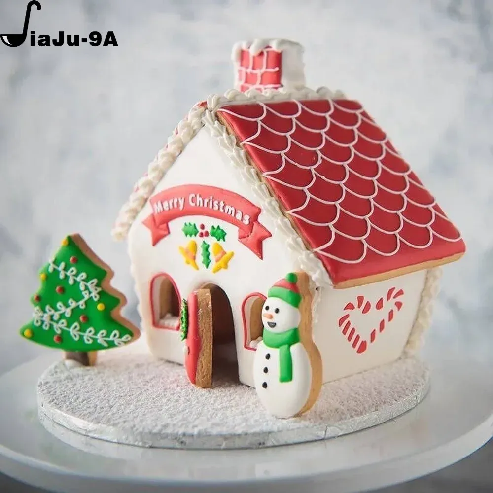 Kalıplar 3D Noel zencefilli kurabiye evi kalıp plastik kurabiye kesici seti diy bisküvi kalıp pasta pul pırlatma araçları aksesuarları