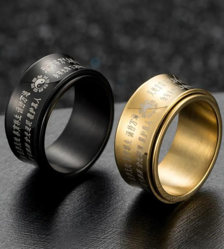 Cluster Rings Tai Chi Arc Art Rotating Taoism Anxiety Ring Spinner Box Men Taoist Mantra Ringen Amulet Black Gold Stainless5762348