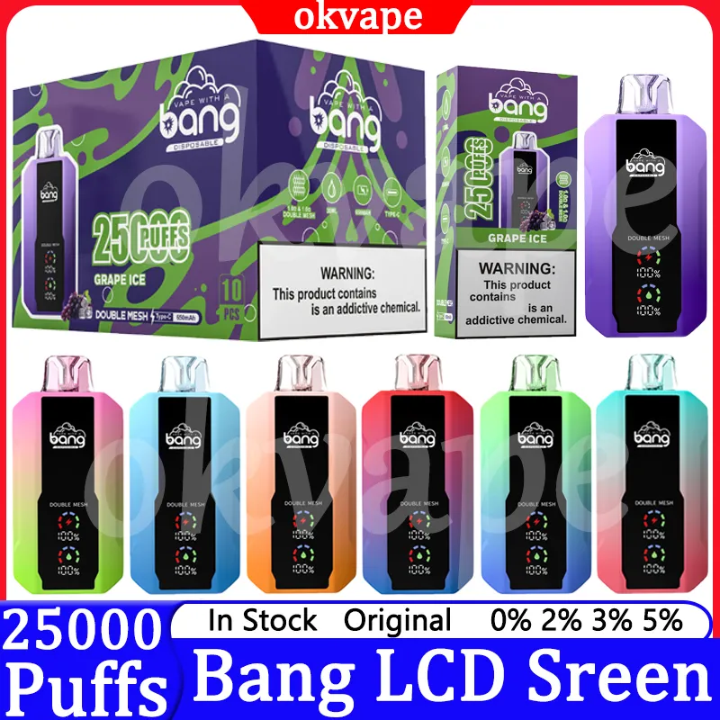 Bang 25000 puflar LCD ekran Tek kullanımlık vape elektronik sigara 0% 2% 3% 5% Çift örgü 30ml Prefleed Pod 650mAH şarj edilebilir pil puf 25k 15k 12k kalem