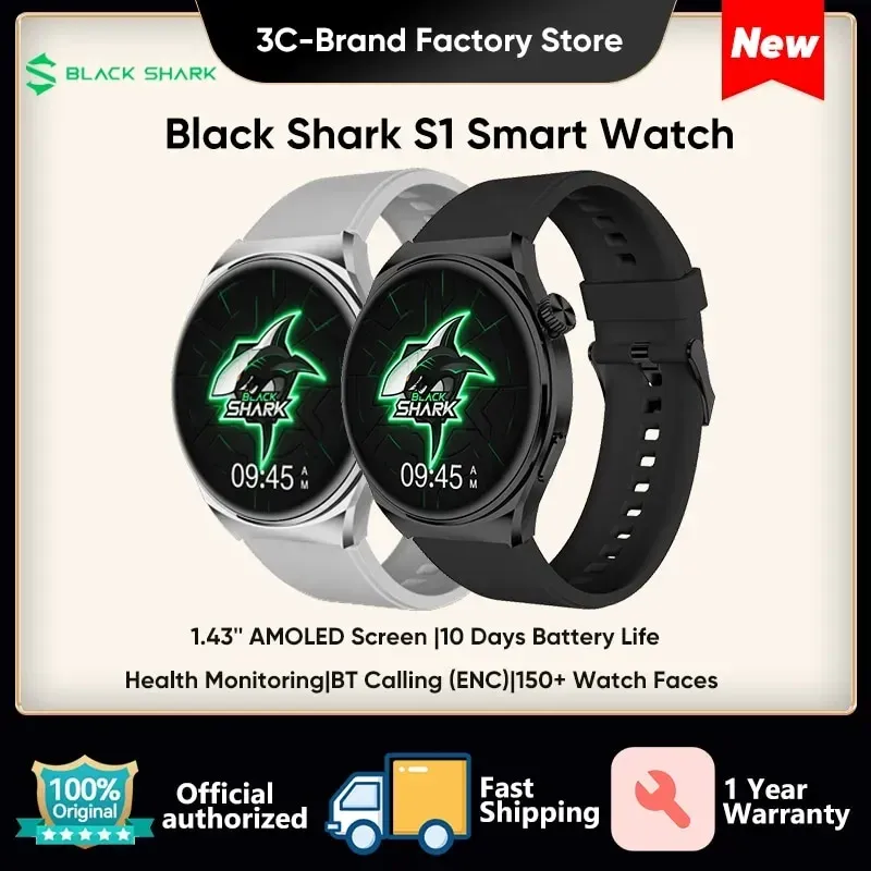 Watches Original Black Shark S1 Smartwatch 1.43'' AMOLED Screen Health Monitoring Fitness Watch 10 Days Battery Life Wireless Charging
