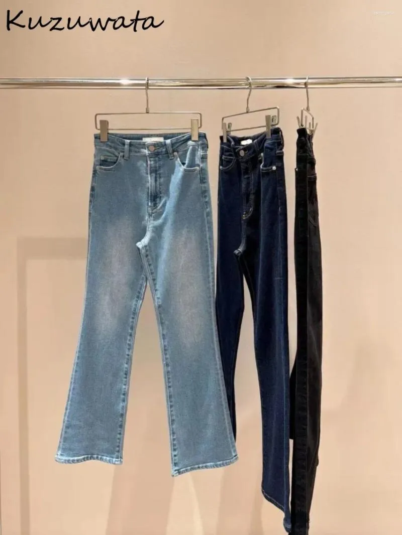 Jeans femminile kuzuwata slim fit all-match solido elegante temperamento a vita elevato e morbido pantaloni semplici Giappone 2024 pantaloni della modalità dolce