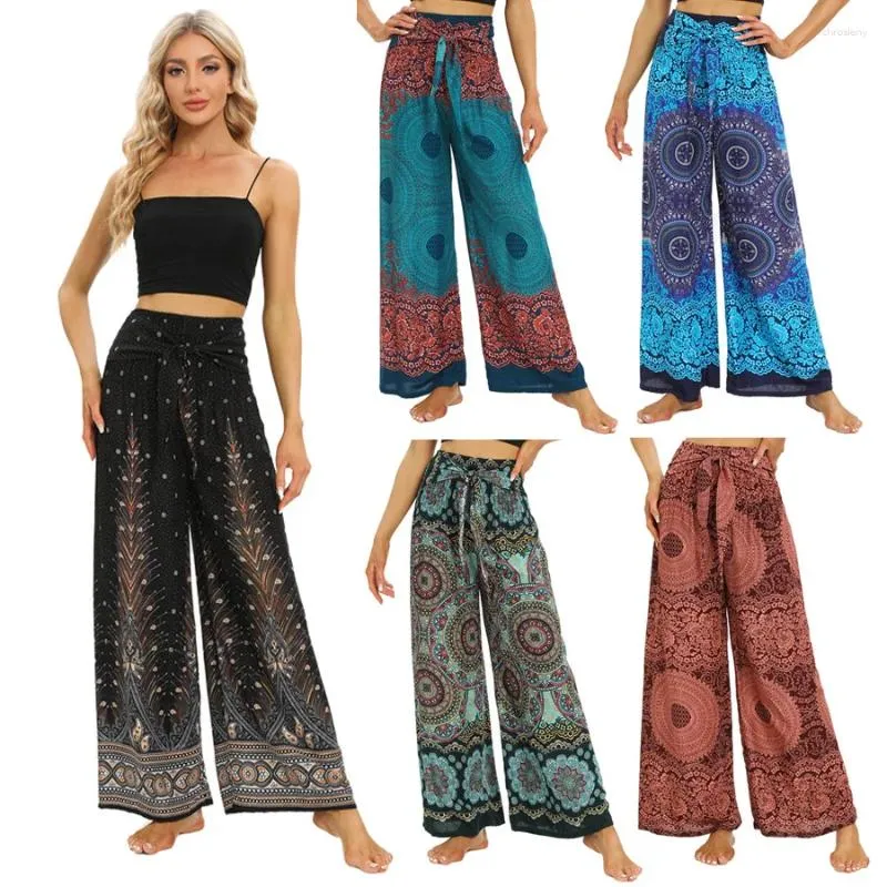 Actieve broek 2024 vrouwen boho yoga rayon vintage bloemen gedrukte brede been lange broek elastische hoge taille vrouw buiten huiskleding