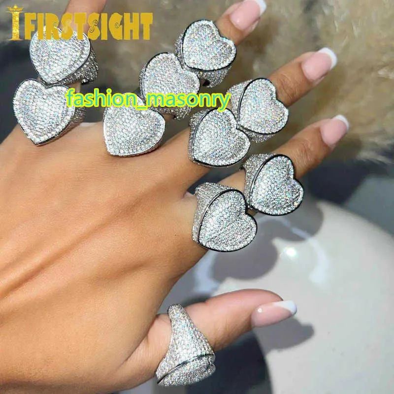 Pierścienie opaski lodowe Bling Big Heart Pierścień Złoty Srebrny kolor prostokąt CZ Mikro Pave Cubic Zircon Finger Hip Hop Punk Men Men Jewelry 231113