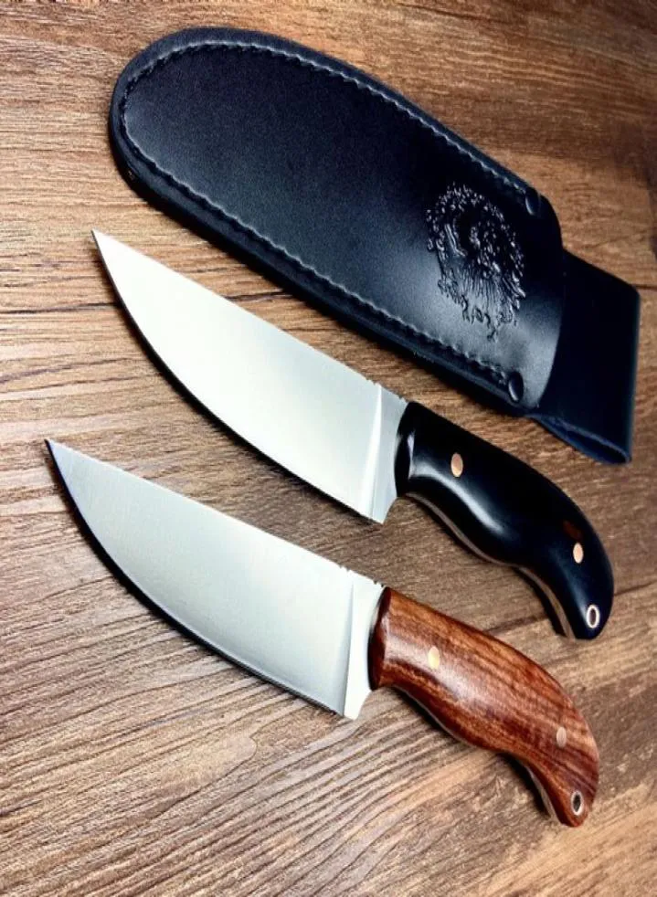 Högkvalitativ överlevnad Rak kniv DC53 Satin Drop Point Blades Full Tang Ebonyrosewood Handle Fixed Blade Knives With Leather 2113517