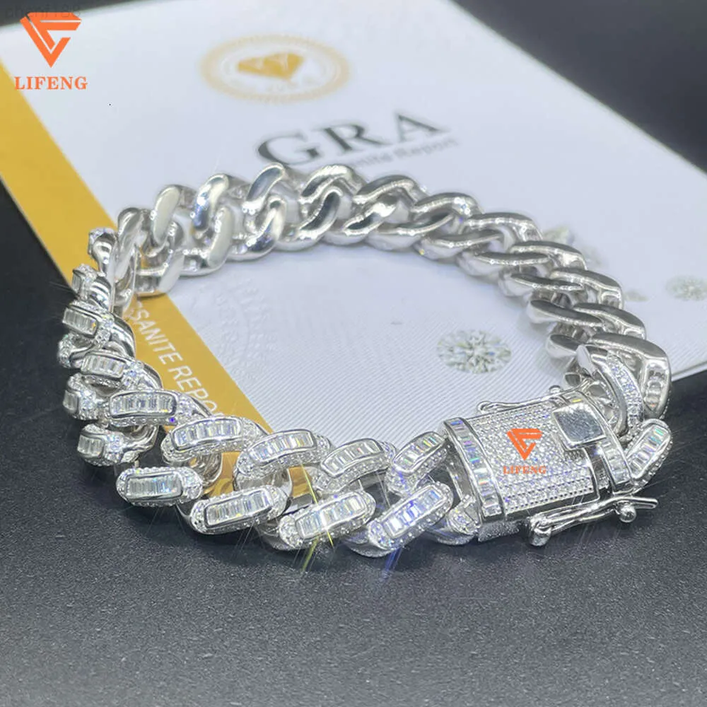 Lifeng Jewelry 14 mm VVS Moisanite Baguette Cuban Link Bracelet Ice Out Hiphop S925 Sterling Diamond Bracelet