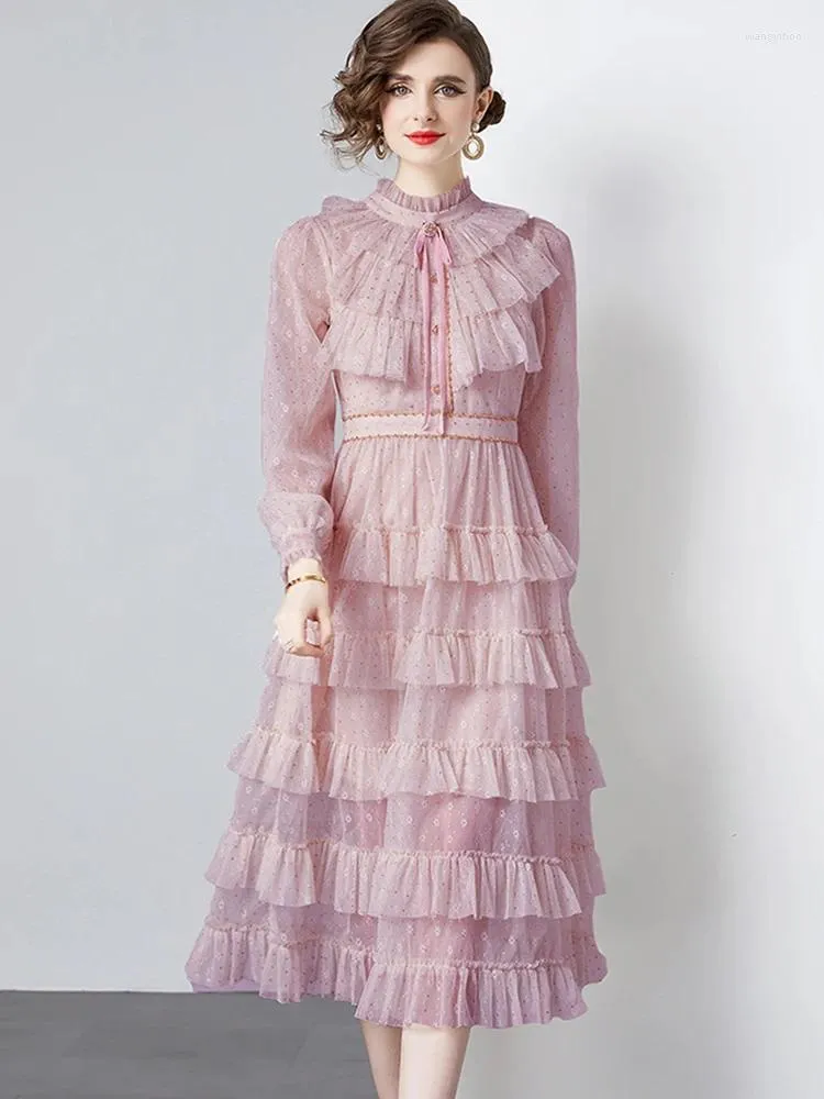 Lässige Kleider 2024 Frühling Frauen elegant rosa Mesh Prinzessin Party Vintage Mode Rüschen hoher Taille Kuchen Midi Kleider Vestdios