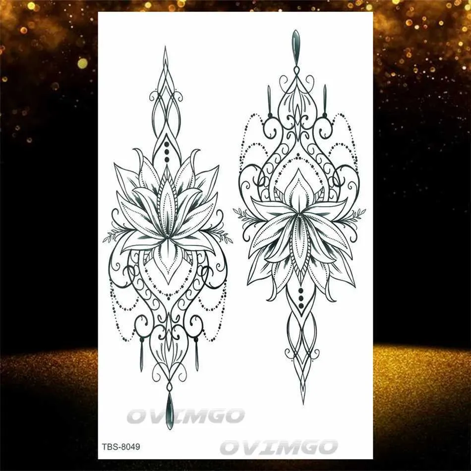 S1QW Tattoo Transfer Henna Lotus Tijdelijke tattoo voor vrouwen nep sieraden ketens zwarte bloem body art abstract tatoo sticker transfer meisje tattoo 240427