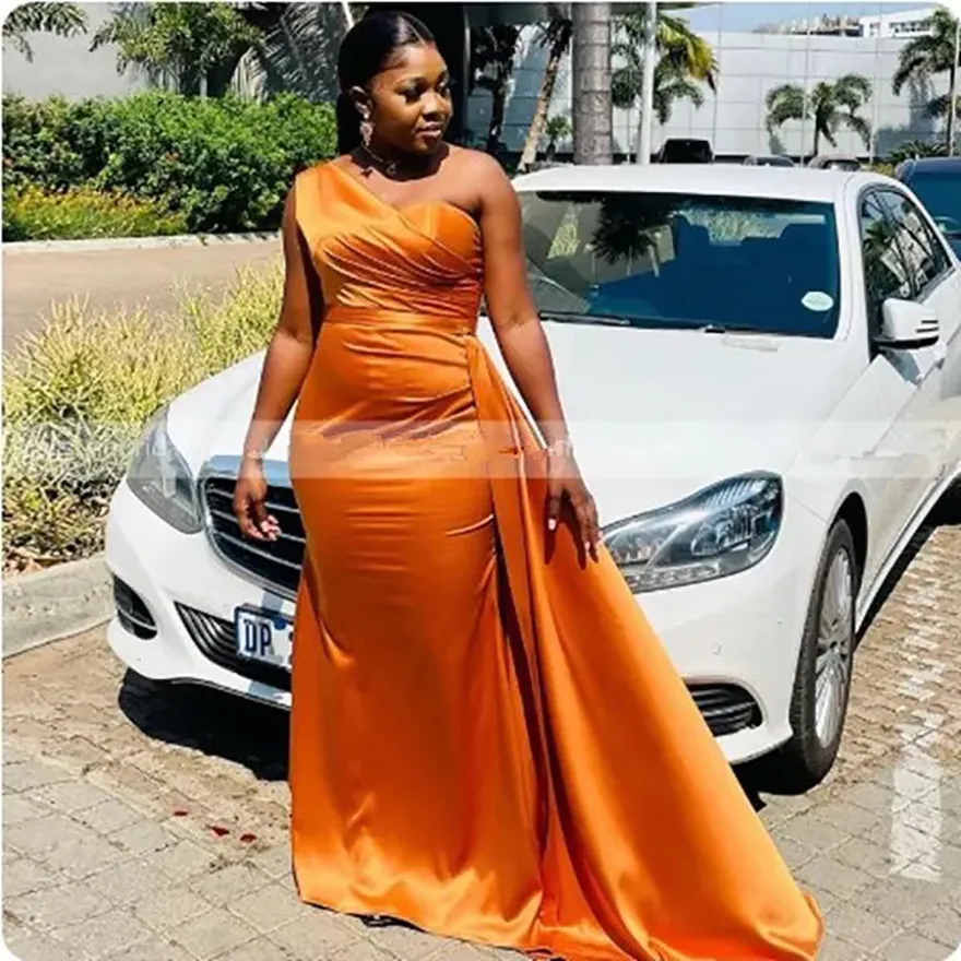 Orange Pleated Satin Orange Satin Bridesmaid Dresses with Long Ribbon - Plus Size Mermaid One Shoulder Maid of Honor Gown for Bridal Party in 2024 Elegant Plus Size Orange Satin Bridesmaid Dress - Mermaid One Shoulder Gown  - Shop Now! from Dhgate Bridesmaid Dress - price 54.34