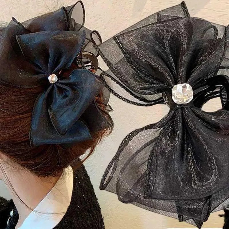 Haarclips HEBELRIETSEN Big Water Diamond Chiffon Claw Clip Haar Bow Zwart stof Ribbon Flower Rose vrouwelijke accessoires