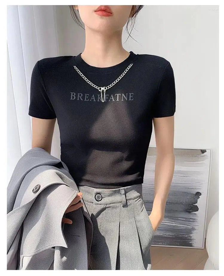 Women's T Shirts DUTRIEUX 2024 High Waist Short T-shirt Skinny Slimming Sleeve Design Chain Decoration Fashion Letter Slim Top