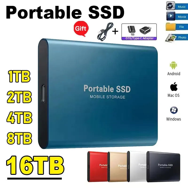 Enheter Portable SSD 1TB Highspeed Mobile Solid State Drive 500 GB Extern lagringsbedömning Skriv in USB 3.1 -gränssnitt för bärbar dator/PC/