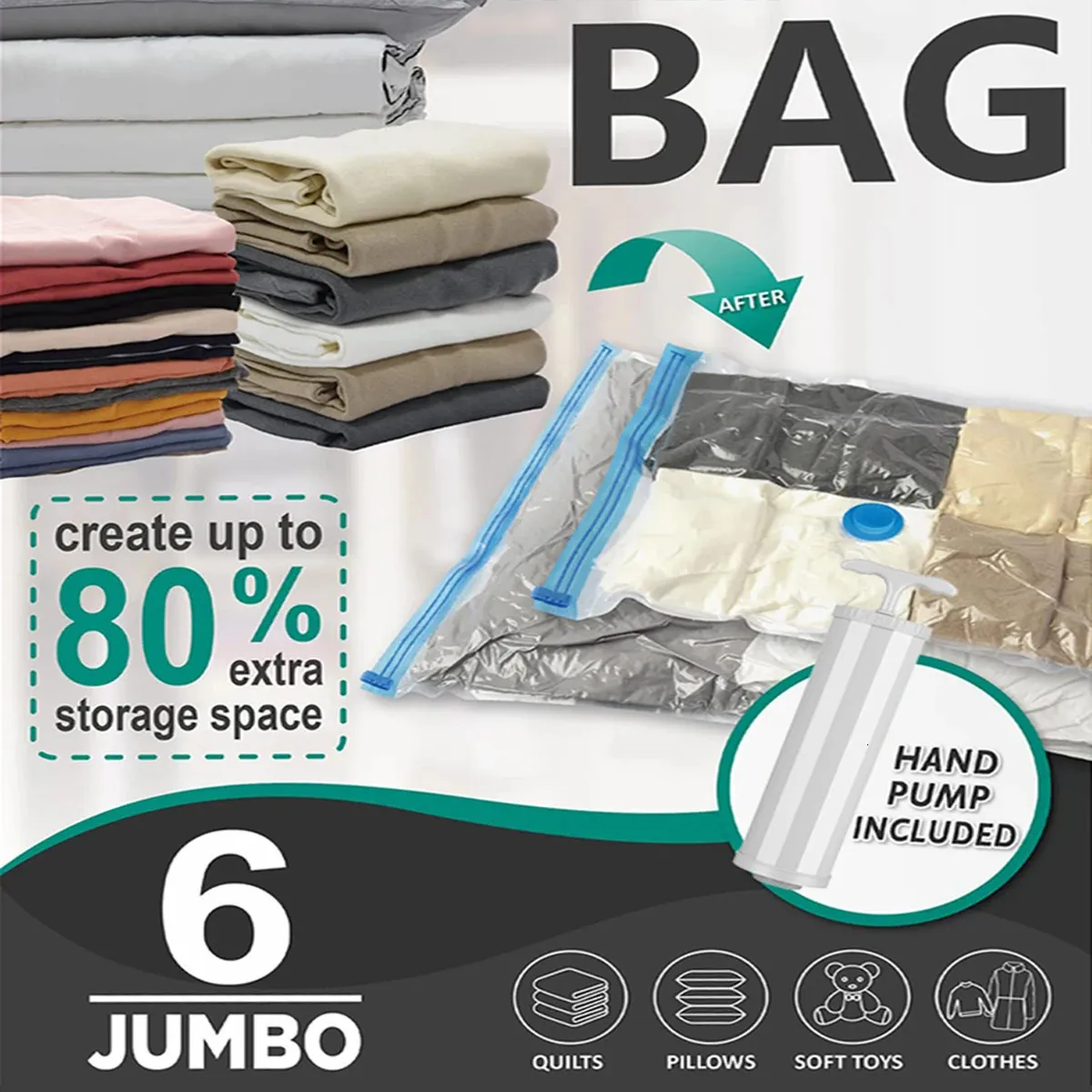 6 Jumbo Vakuumspeicherbeutel Space Saver -Taschen Kompressionspeicher für Bettdecke und Decken Vakuumversiegelungstaschen für Stoff 240423