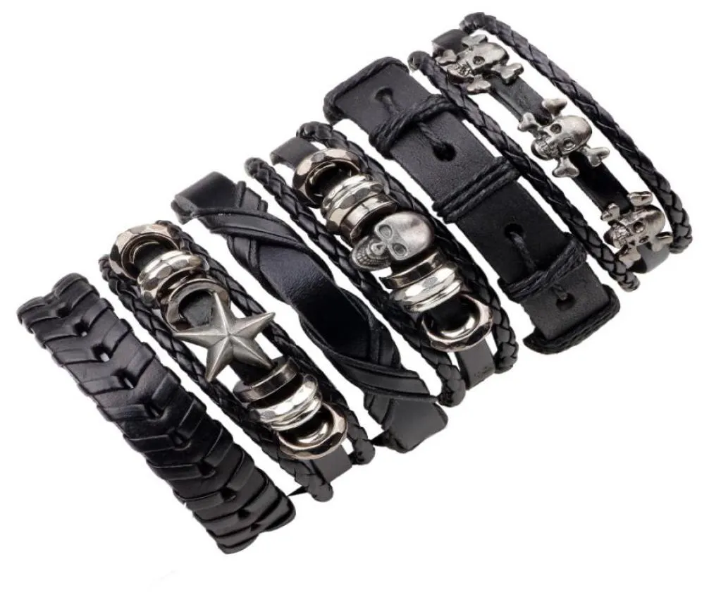 6pcsset Black Braided Leather Bracelet Punk Skull Pentagram Star Multilayer Woven Adjustable Bracelet Rock6479713