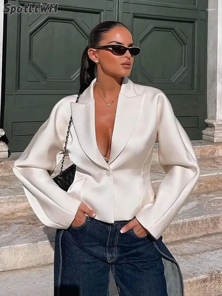 Elegant White Satin Jacket: Deep V-Neck, Single Button, Perfect