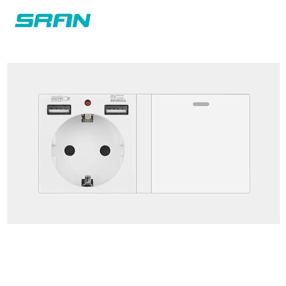 Plugues SRAN SOCKET UE com interruptor de balancim, soquete de alimentação de 220V 16A com painel USB 146*86 PC com interruptor de luz 1Gang 1/2way Outlet