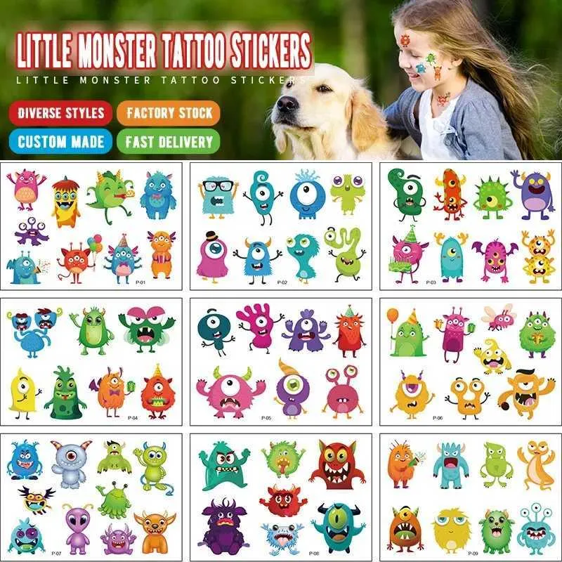 PQOJ Tattoo Transfer 12 Pacote Little Monster Cartoon Crianças Tattoo Adesivos fofos Anime engraçado Tatuagem descartável à prova d'água 240426