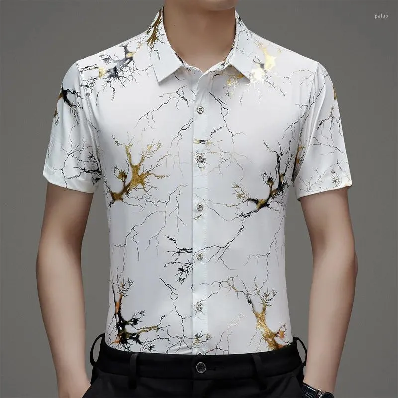 Herren lässige Hemden Loose Flower Shirt Männliche Tasche Gold Chinesischer Stil |Ice Seide weiße Kurzärmer für Papa und Sohn im Sommer