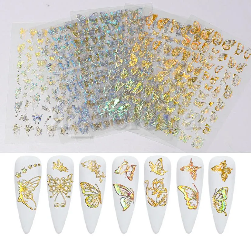 Holographic 3D Butterfly Nail Art Stickers Adhesive Sliders Colorful DIY Golden Silver Nail Transfer Orcals Foils Wraps Decoration9256507