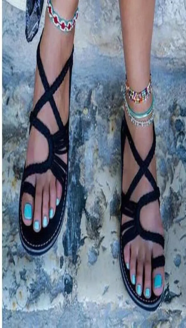 2018 Summer Women Ringtoe Cross Ankle Braid Strap Beach Sandals Boho Flat Shoes Flippers 35 441168593