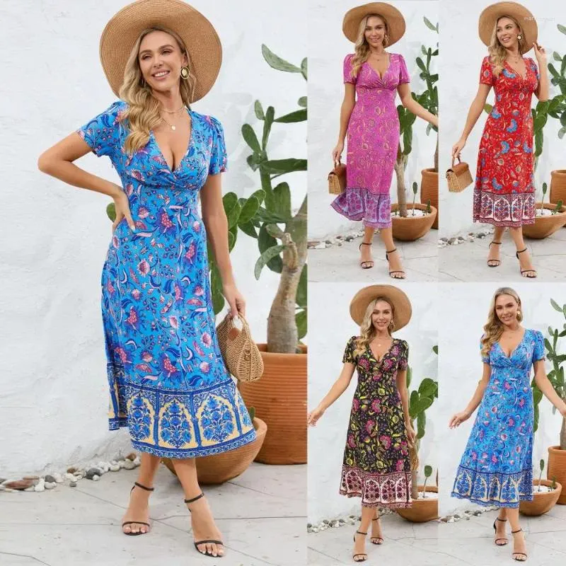 Party Dresses Women's Summer Wrap Maxi Dress Casual Boho Floral V Neck Short Sleeve Ruffle Clothes Low Hem Smocked For Beach