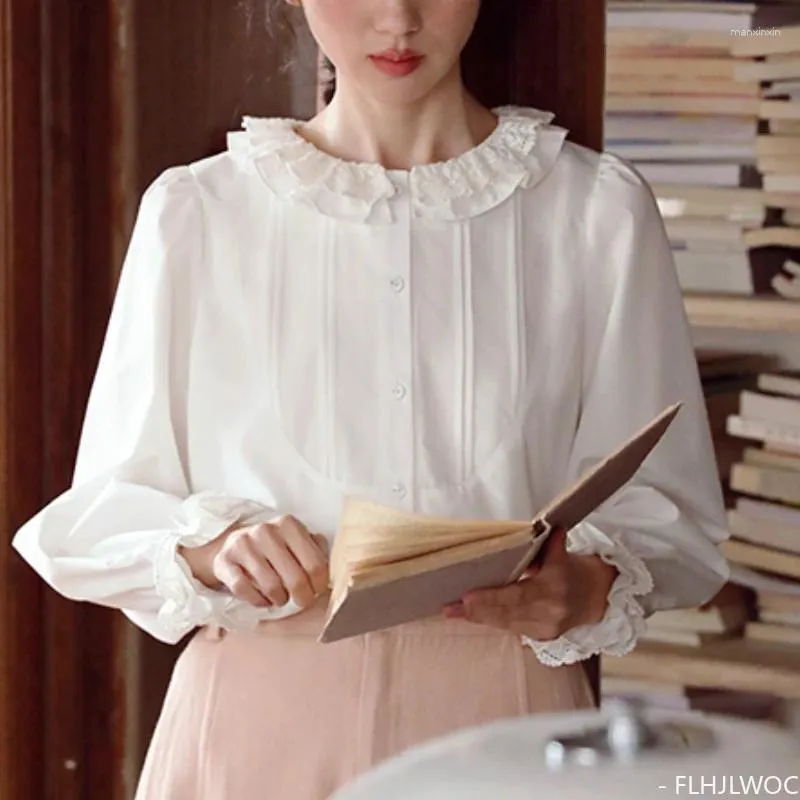 Damesblouses katoen chic Korea schattig poppen shirt ontwerp vrouwen Japan meisjes zoete vintage retro lange mouw witte kanten ruches tops