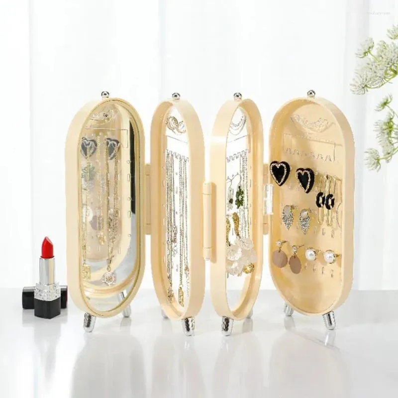 Förvaringspåsar smycken Box Modern flerskikts Displayhållare med spegel för kvinnor Fällbar skärmarrangörörhängen