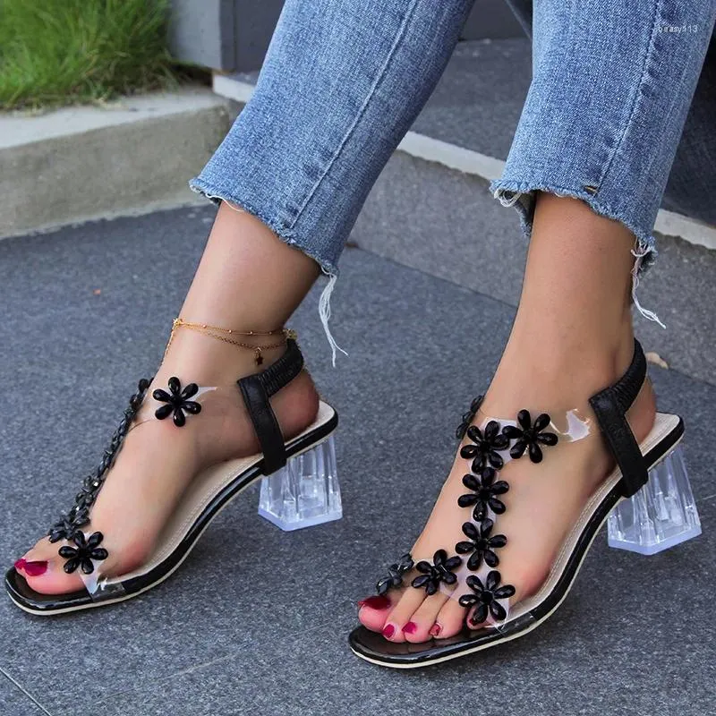 Casual Shoes 2024 Summer Women Sandals Pvc Crystal Flower Decoration Chunky Heel Ladies Back Strap Fashion Female